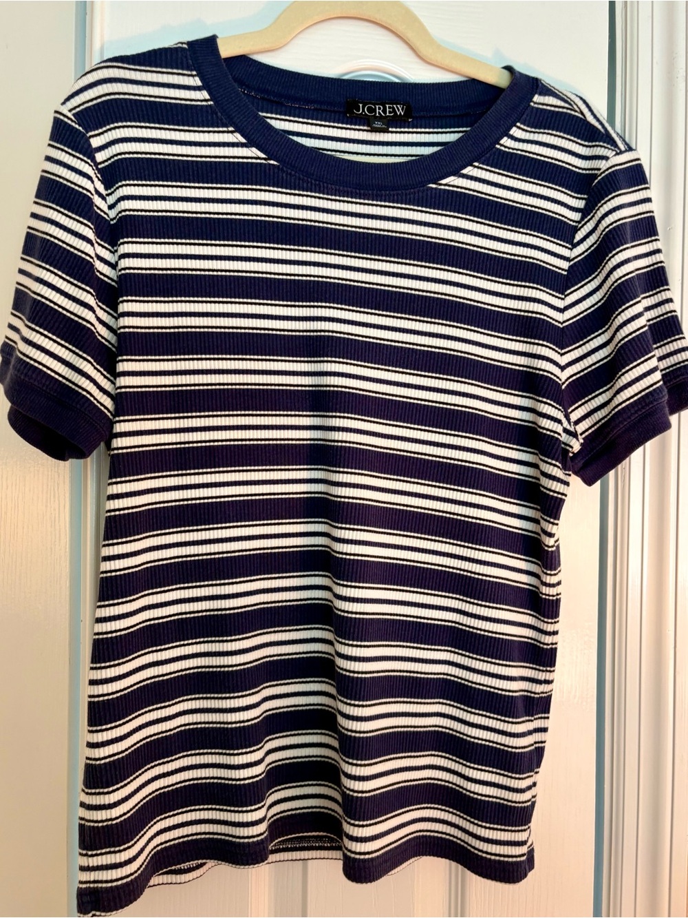 J. Crew Vintage Rib Shrunken Contrast Trim Navy & White Ribbed Stripe Tee Sz XXL